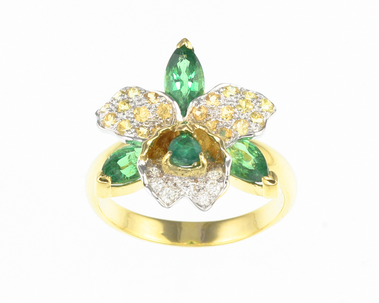 Tsavorite garnet, emerald, sapphire and diamond ring - Click Image to Close