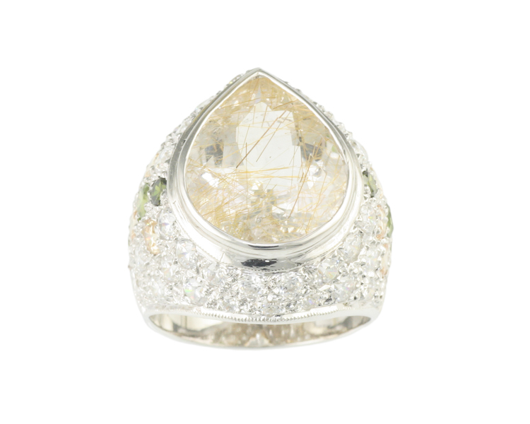 Rutile quartz, mixed gem stones and cubic zirconia ring - Click Image to Close