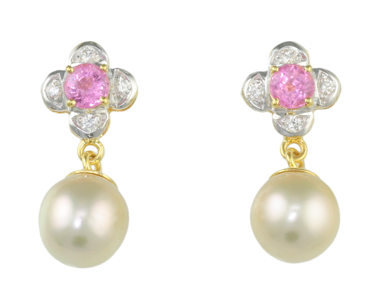 South sea pearl, sapphire and diamond earrings - Click Image to Close