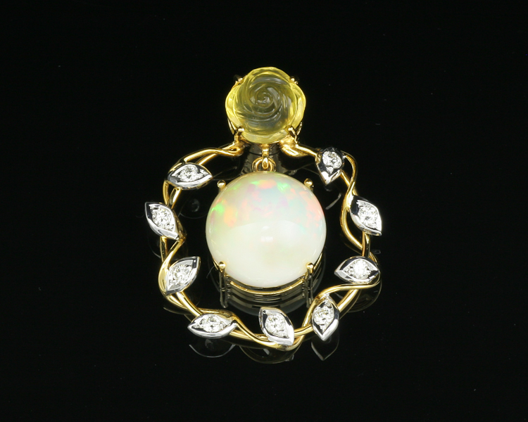 Opal carving and diamond pendant - Click Image to Close