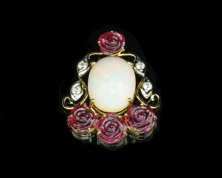 Opal, ruby carving and diamond pendant - Click Image to Close