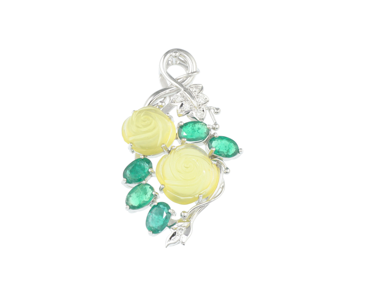 Opal carving, emerald and diamond pendant - Click Image to Close