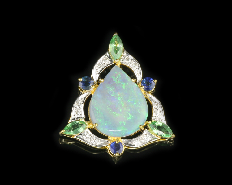 Opal, tsavorite garnet, blue sapphire and diamond pendant - Click Image to Close