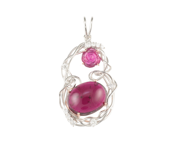 Rubellite, ruby carving and diamond pendant - Click Image to Close